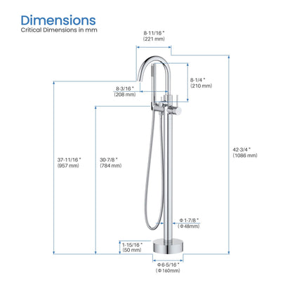 KIBI Circular Brass Single Handle Floor Mounted Freestanding Tub Filler With Hand Shower in Chrome Finish