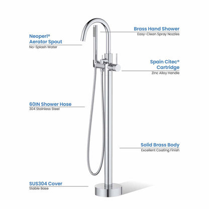 KIBI Circular Brass Single Handle Floor Mounted Freestanding Tub Filler With Hand Shower in Chrome Finish