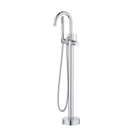 KIBI Circular Brass Single Handle Floor Mounted Freestanding Tub Filler With Hand Shower in Chrome Finish