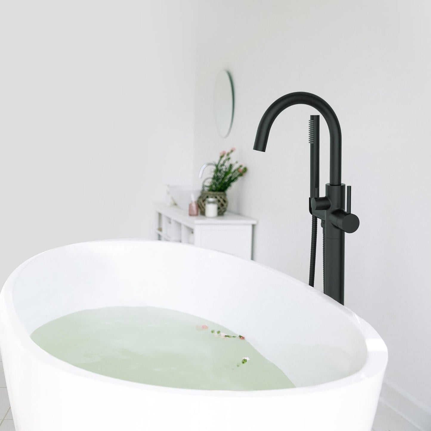 KIBI Circular Brass Single Handle Floor Mounted Freestanding Tub Filler With Hand Shower in Matte Black Finish