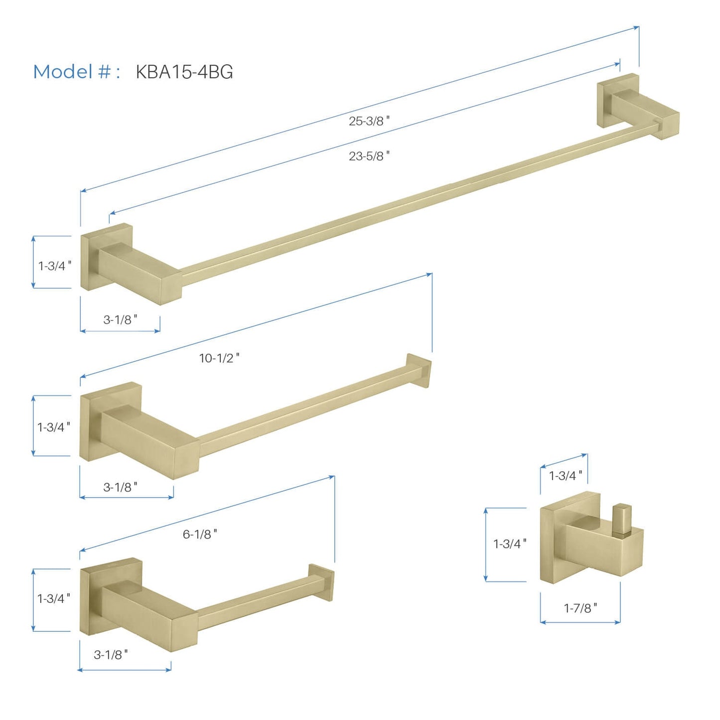 KIBI Cube Brass 4 Piece Bathroom Hardware Set in Brushed Gold Finish