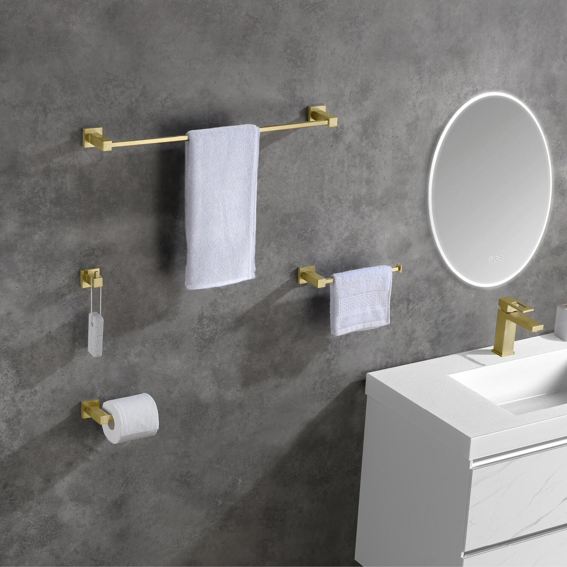 KIBI Cube Brass 4 Piece Bathroom Hardware Set in Brushed Gold Finish