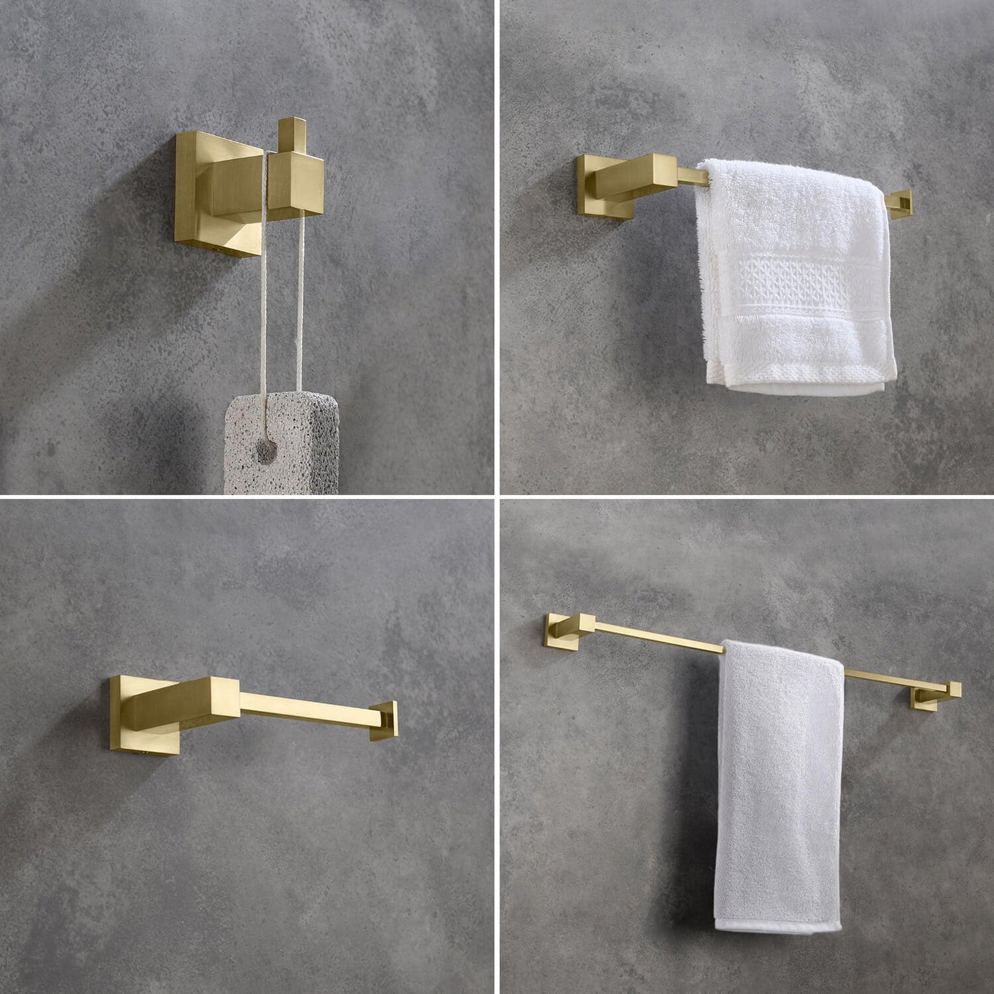 KIBI Cube Brass 4 Piece Bathroom Hardware Set in Brushed Gold Finish