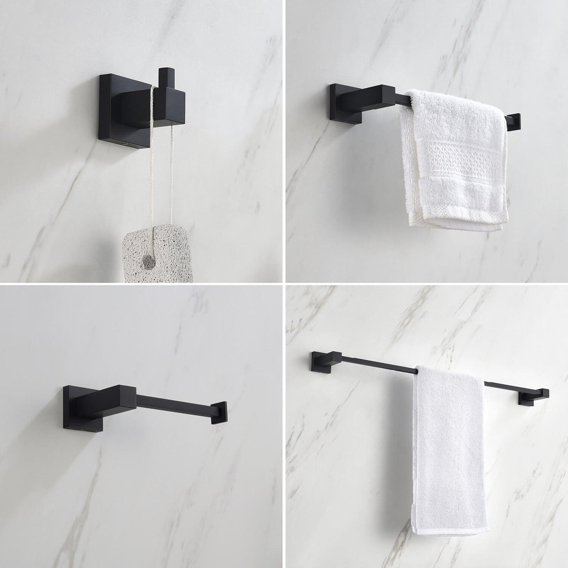 KIBI Cube Brass 4 Piece Bathroom Hardware Set in Matte Black Finish