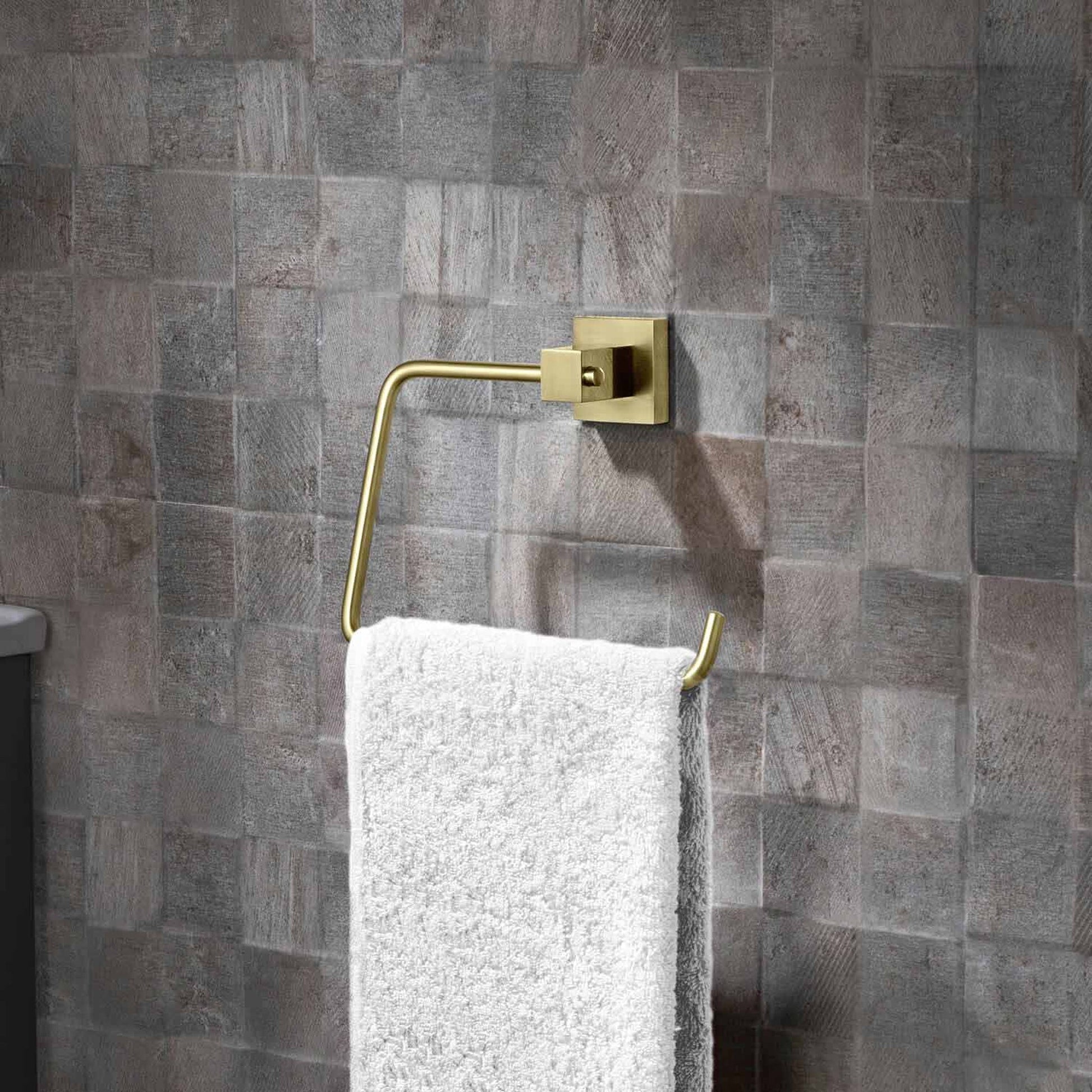 KIBI Cube Brass Bathroom Towel Ring in Brushed Gold Finish