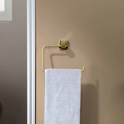 KIBI Cube Brass Bathroom Towel Ring in Brushed Gold Finish