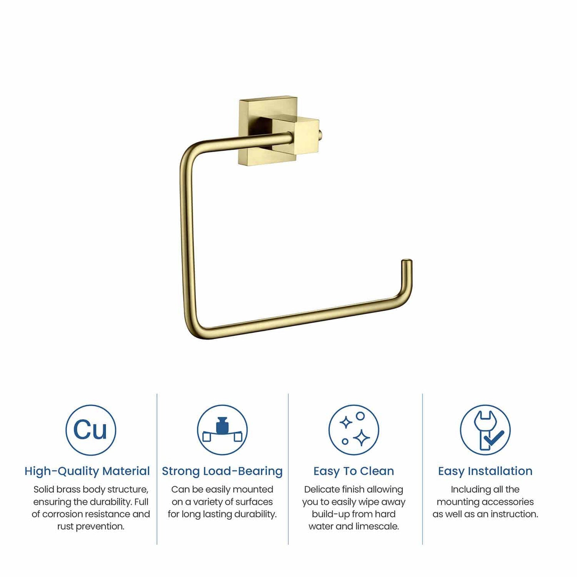 KIBI Cube Brass Bathroom Towel Ring in Brushed Gold Finish