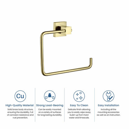 KIBI Cube Brass Bathroom Towel Ring in Brushed Gold Finish