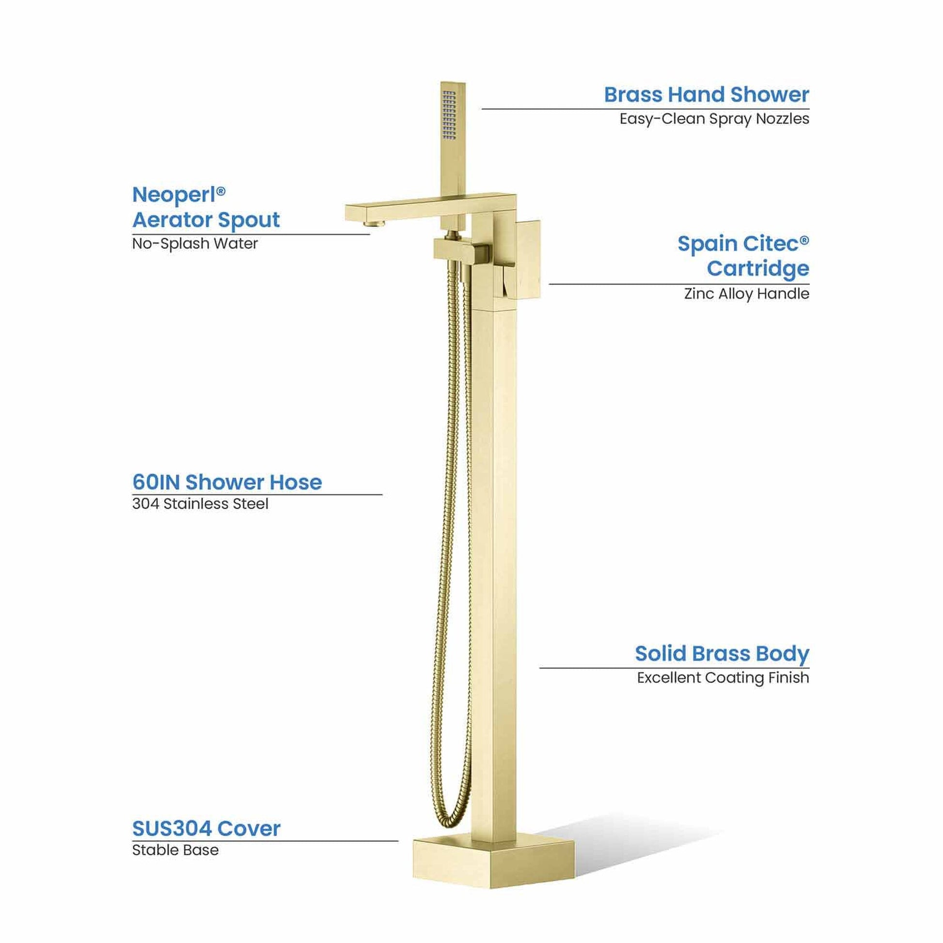 KIBI Cube Brass Single Handle Floor Mounted Freestanding Tub Filler With Hand Shower in Brushed Gold Finish