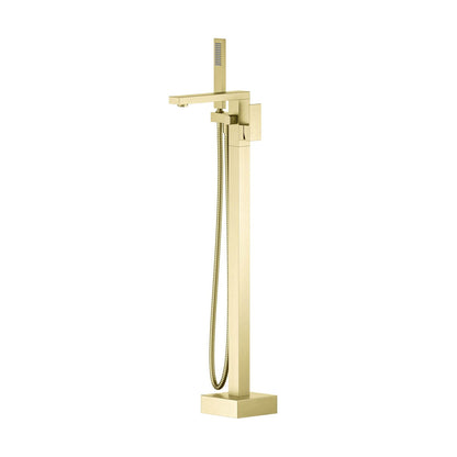 KIBI Cube Brass Single Handle Floor Mounted Freestanding Tub Filler With Hand Shower in Brushed Gold Finish