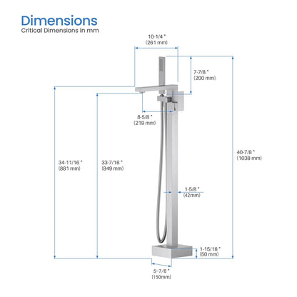 KIBI Cube Brass Single Handle Floor Mounted Freestanding Tub Filler With Hand Shower in Brushed Nickel Finish