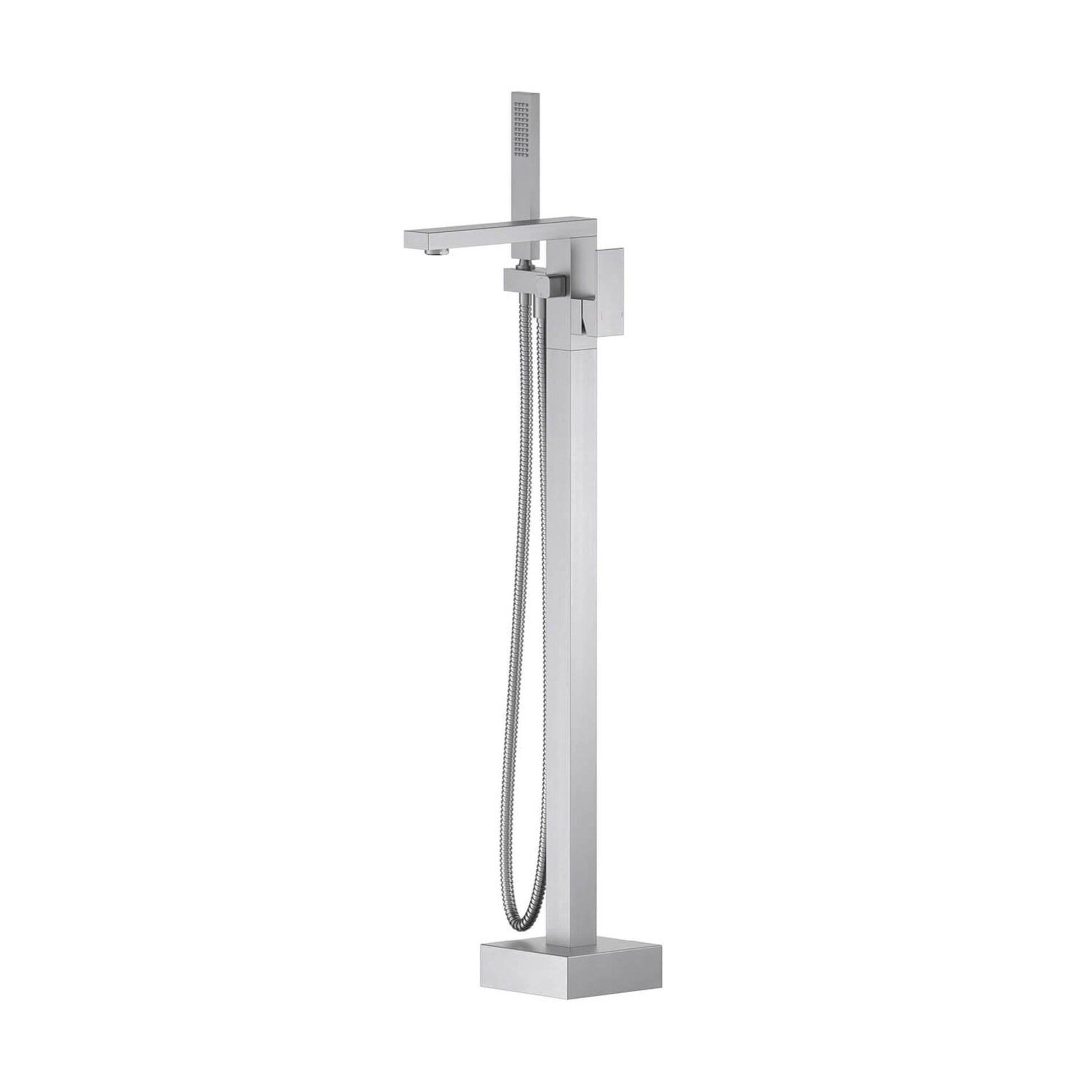 KIBI Cube Brass Single Handle Floor Mounted Freestanding Tub Filler With Hand Shower in Brushed Nickel Finish
