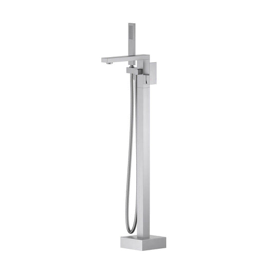 KIBI Cube Brass Single Handle Floor Mounted Freestanding Tub Filler With Hand Shower in Brushed Nickel Finish