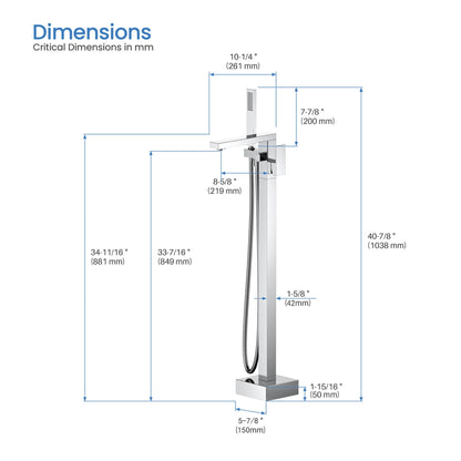 KIBI Cube Brass Single Handle Floor Mounted Freestanding Tub Filler With Hand Shower in Chrome Finish