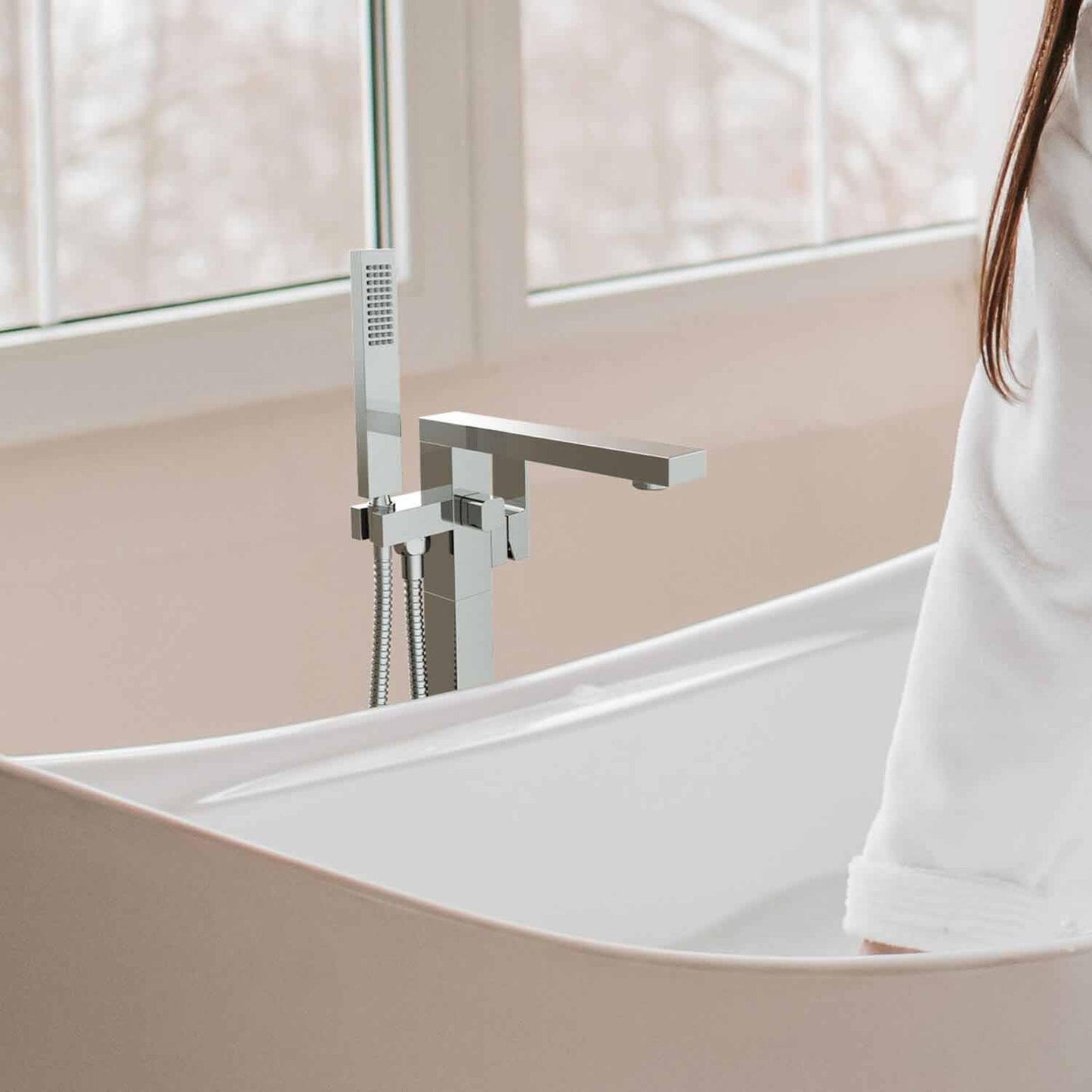 KIBI Cube Brass Single Handle Floor Mounted Freestanding Tub Filler With Hand Shower in Chrome Finish