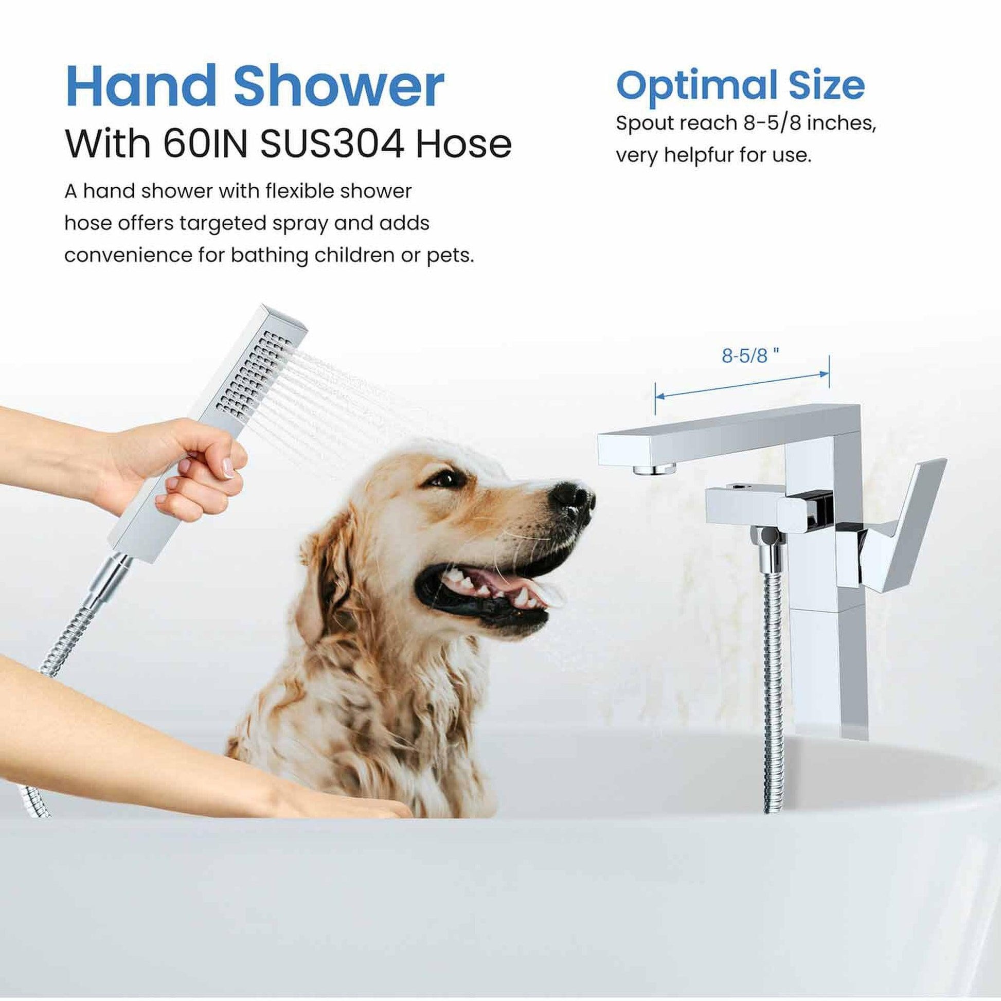 KIBI Cube Brass Single Handle Floor Mounted Freestanding Tub Filler With Hand Shower in Chrome Finish