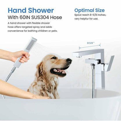 KIBI Cube Brass Single Handle Floor Mounted Freestanding Tub Filler With Hand Shower in Chrome Finish