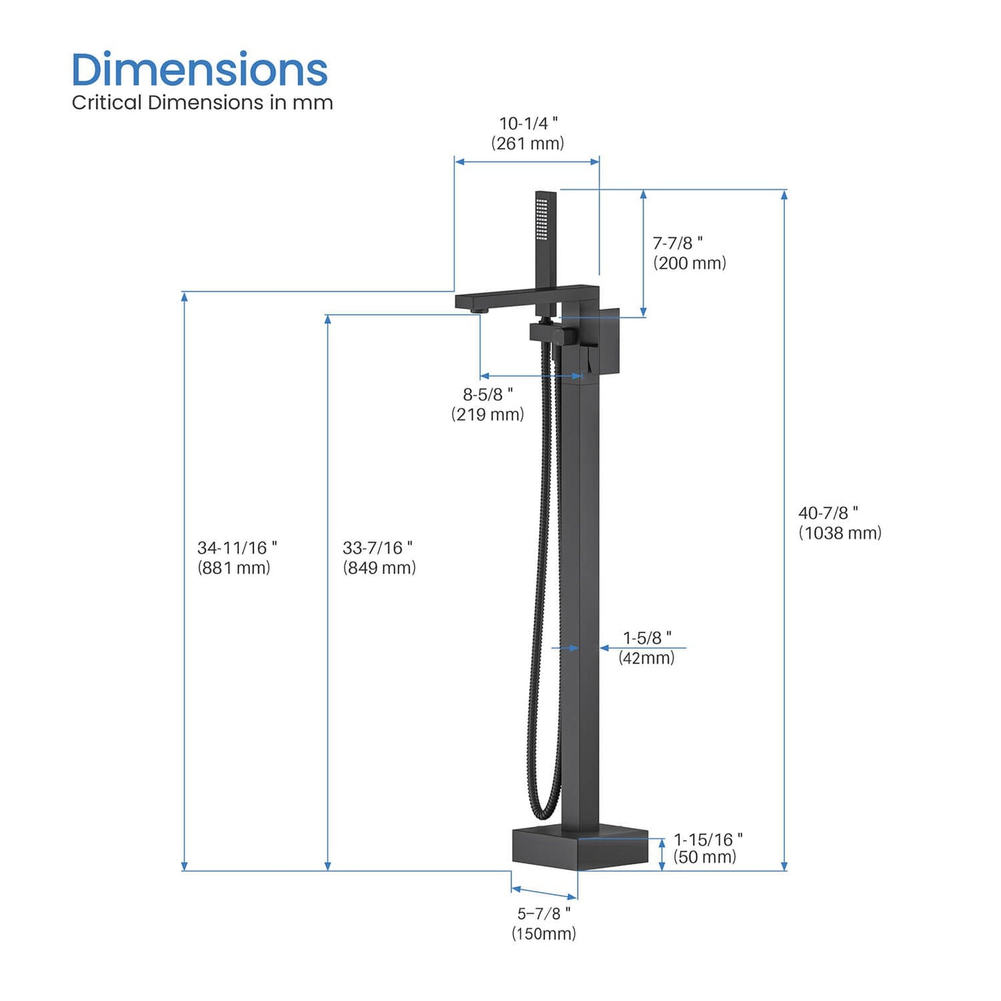 KIBI Cube Brass Single Handle Floor Mounted Freestanding Tub Filler With Hand Shower in Matte Black Finish