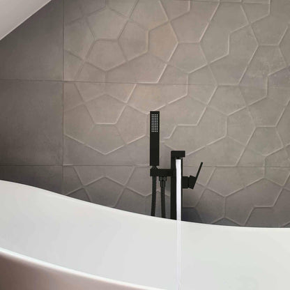 KIBI Cube Brass Single Handle Floor Mounted Freestanding Tub Filler With Hand Shower in Matte Black Finish