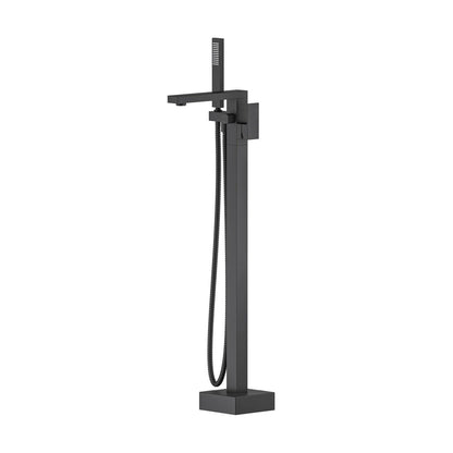 KIBI Cube Brass Single Handle Floor Mounted Freestanding Tub Filler With Hand Shower in Matte Black Finish