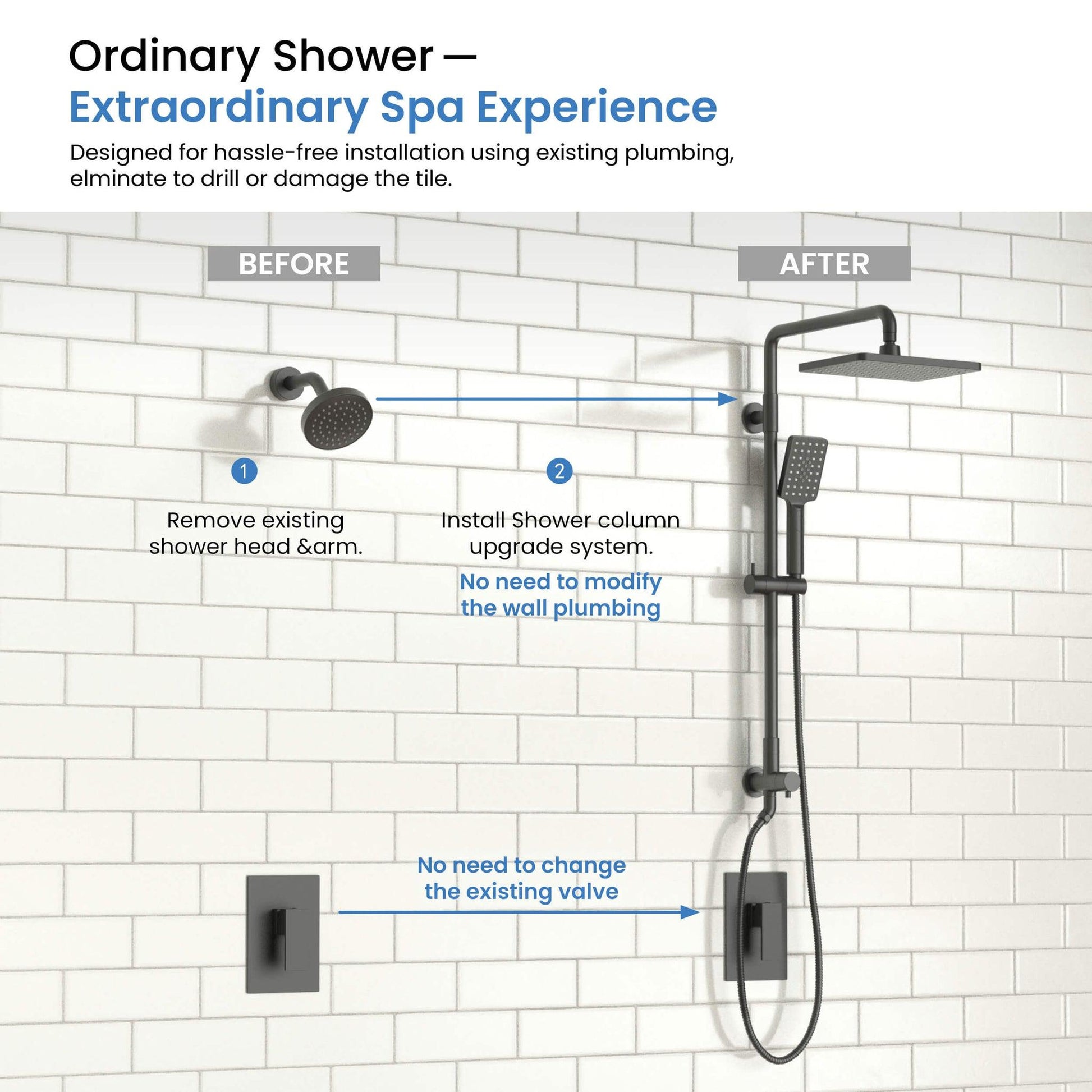 KIBI Cube Shower Column With Dual Function Shower Head in Matte Black Finish