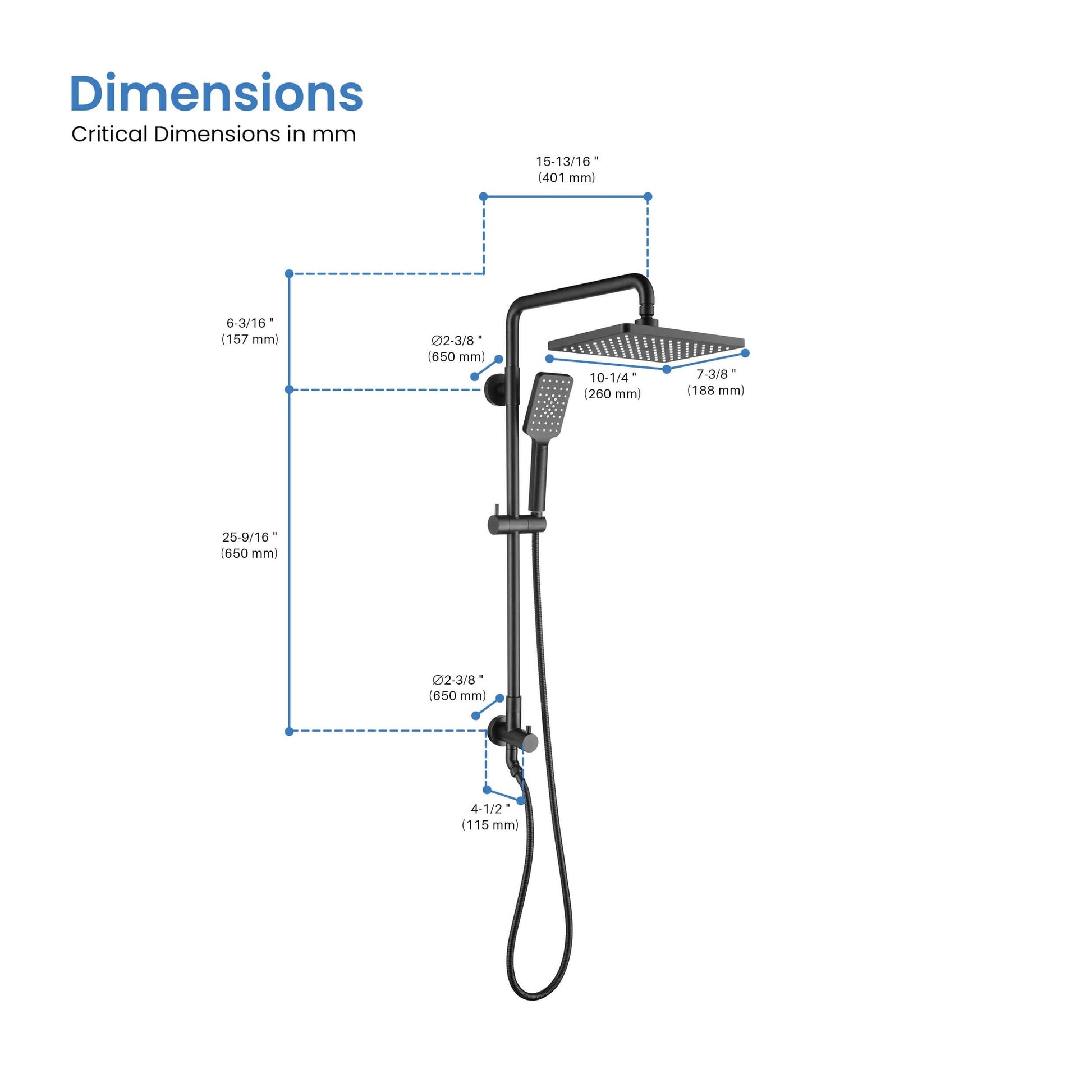 KIBI Cube Shower Column With Dual Function Shower Head in Matte Black Finish