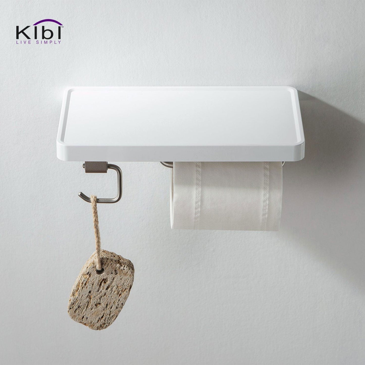 KIBI Deco Bathroom Tissue Holder With Shelf and Hook in Brushed Nickel Finish