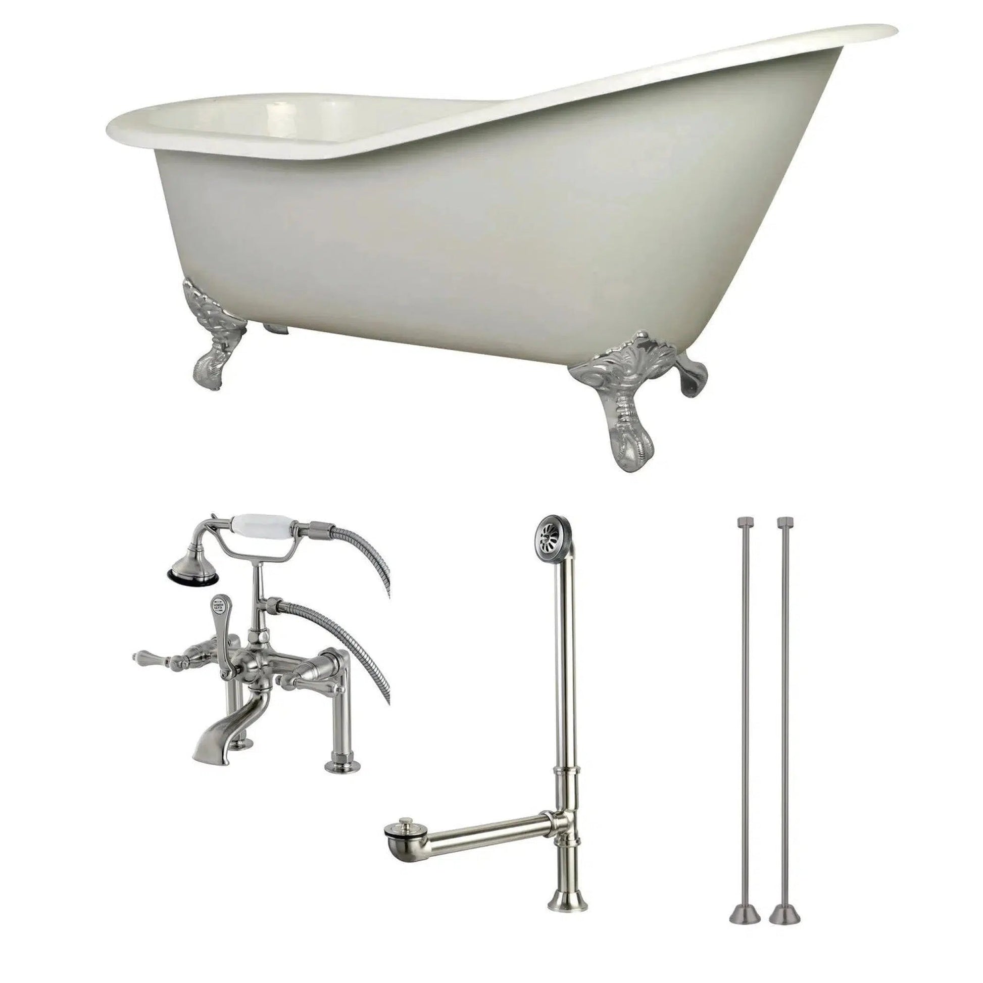 Heritage 54 Inch Cast Iron Clawfoot Tub and Shower Package - White / Chrome  Feet & Fixtures