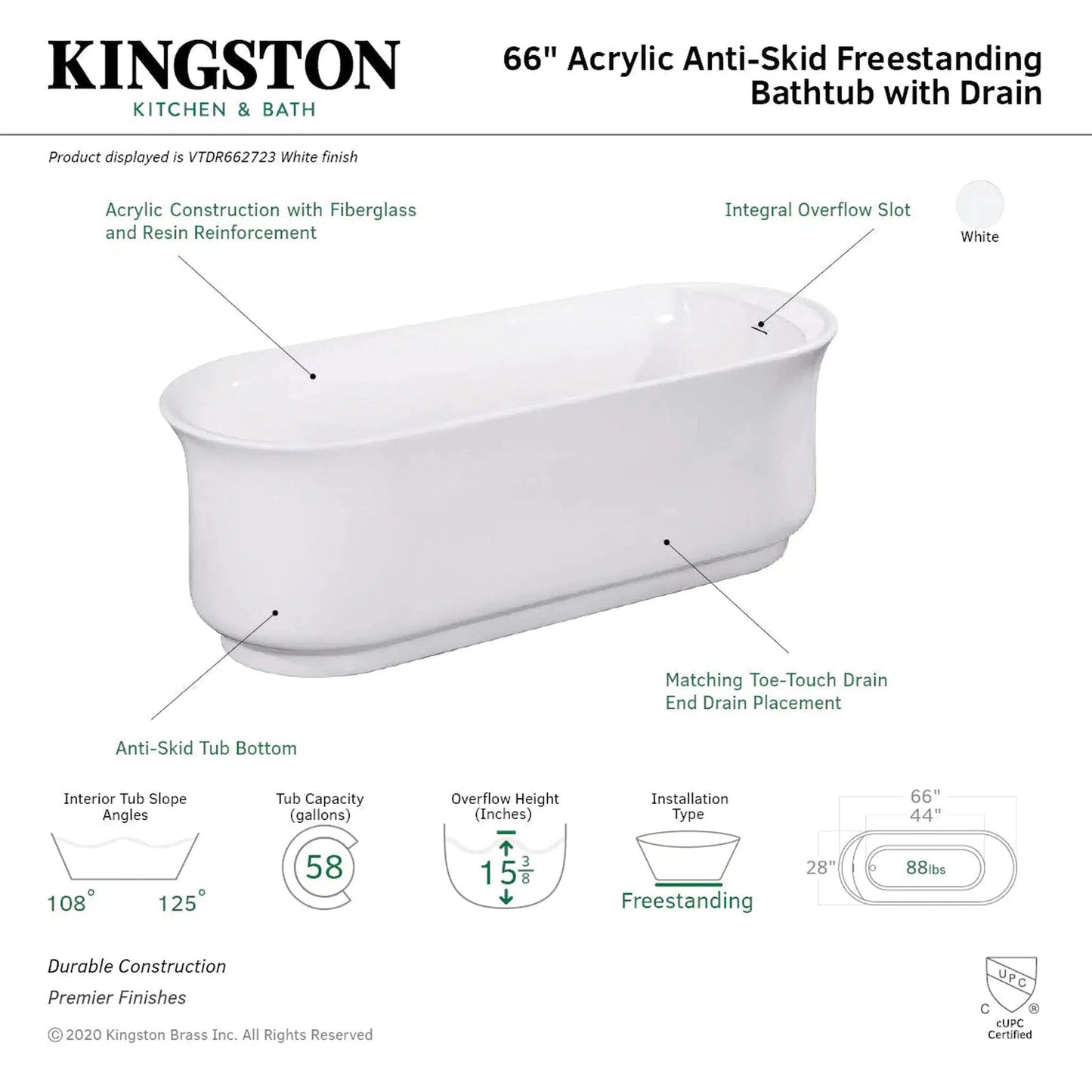 Kingston Brass Aqua Eden 66" x 28" White Acrylic Freestanding Bathtub With Drain and Overflow