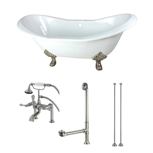 Kingston Brass Aqua Eden 72" x 31" White/Brushed Nickel Cast Iron Double Slipper Deck Mount Clawfoot Bathtub With Drain and Overflow