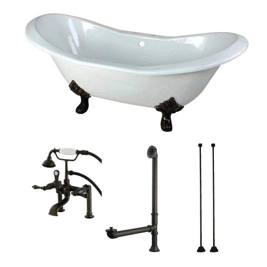 Kingston Brass Aqua Eden 72" x 31" White/Oil Rubbed Bronze Cast Iron Double Slipper Deck Mount Clawfoot Bathtub With Drain and Overflow