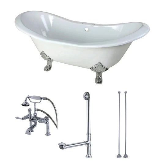 Kingston Brass Aqua Eden 72" x 31" White/Polished Chrome Cast Iron Double Slipper Deck Mount Clawfoot Bathtub With Drain and Overflow