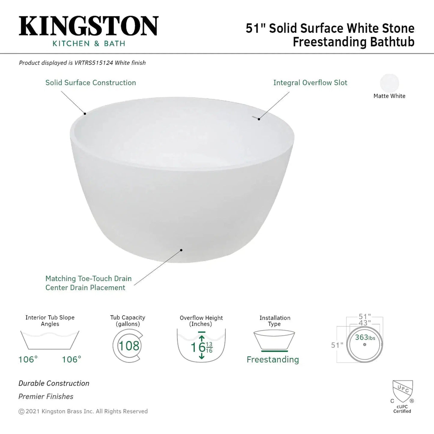 Kingston Brass Aqua Eden Arcticstone 51" x 51" Matte White Solid Surface Stone Freestanding Bathtub With Drain and Overflow