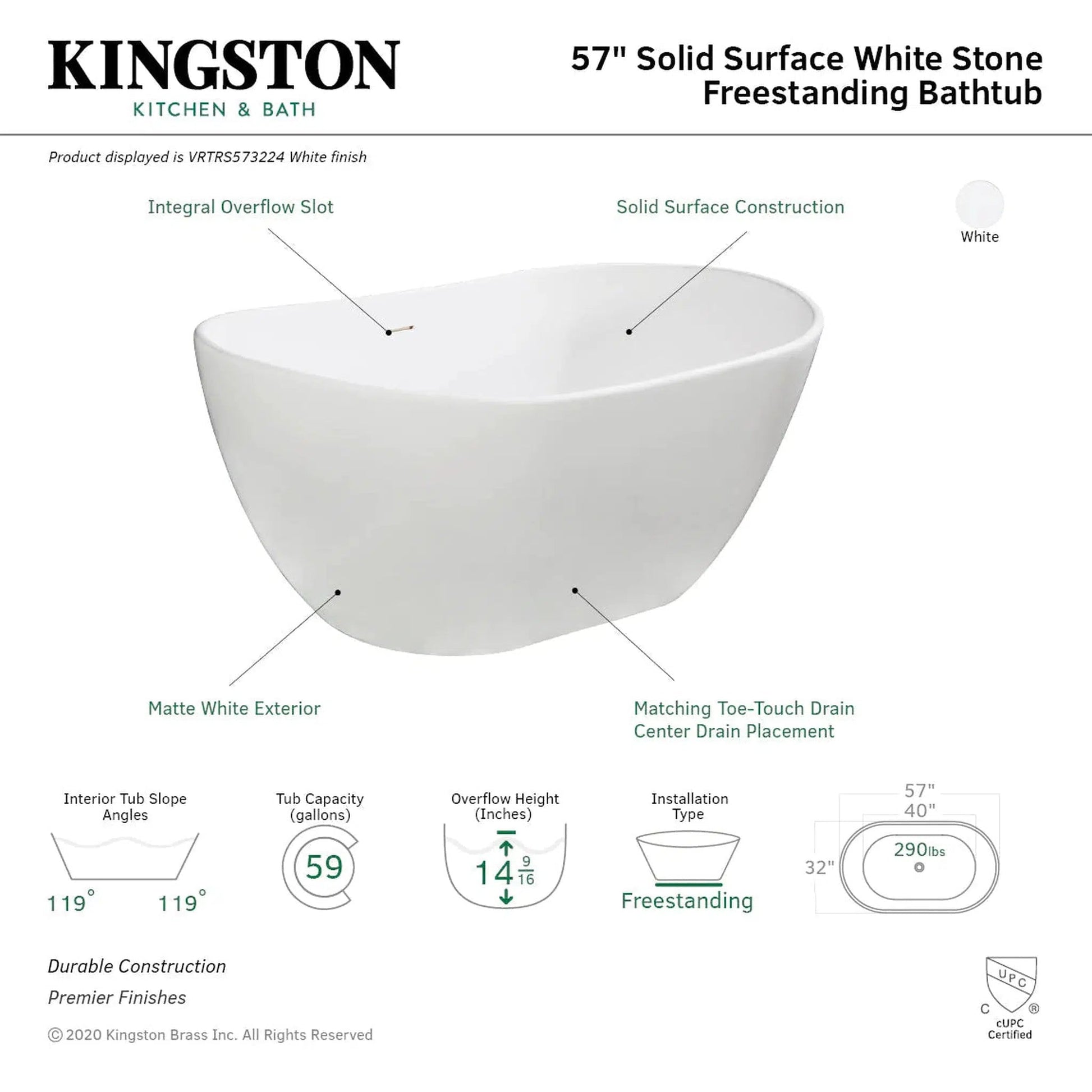 Kingston Brass Aqua Eden Arcticstone 56" x 32" Matte White Solid Surface Stone Freestanding Bathtub With Drain and Overflow