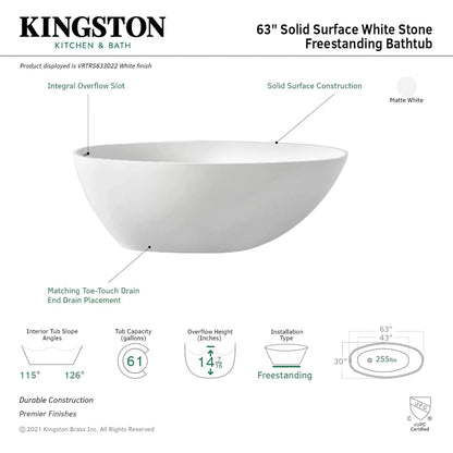 Kingston Brass Aqua Eden Arcticstone 63" x 30" Matte White Solid Surface Stone Freestanding Bathtub With Drain and Overflow