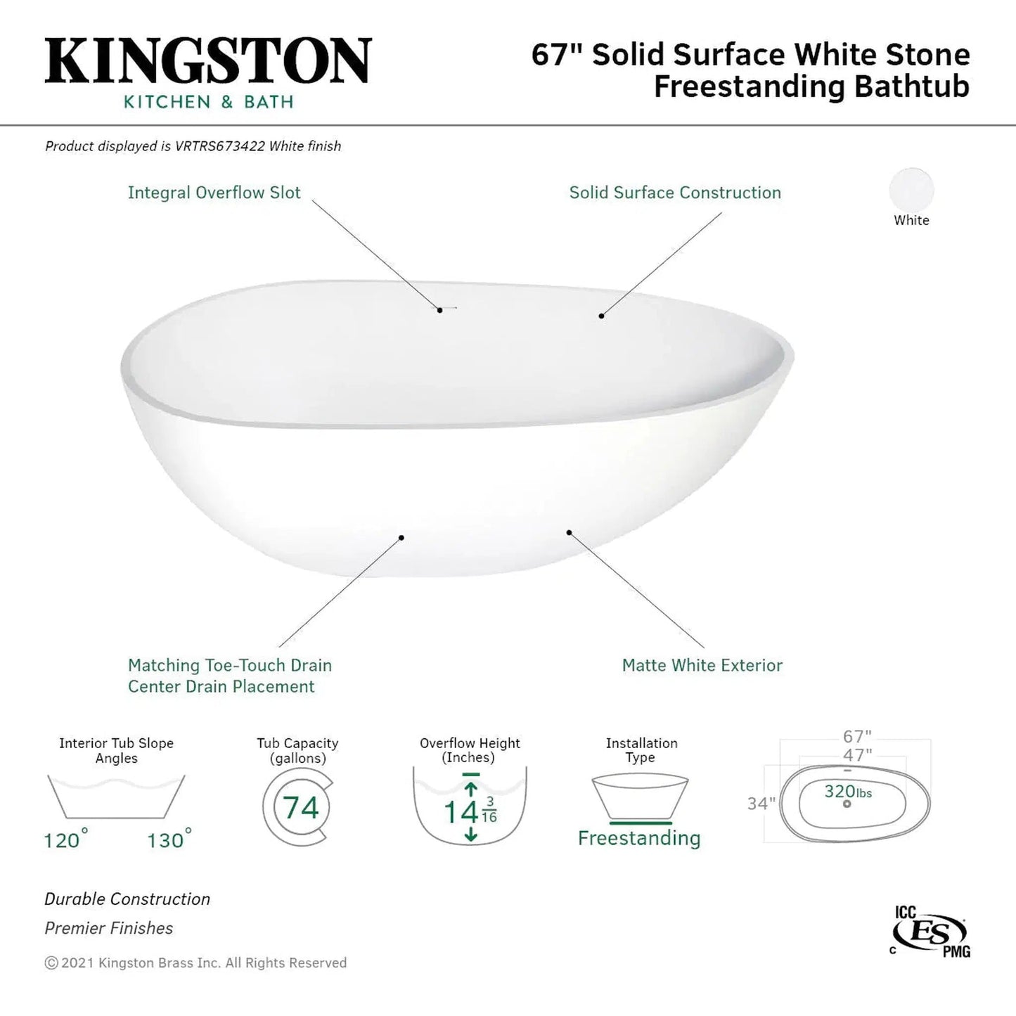 Kingston Brass Aqua Eden Arcticstone 67" x 34" Matte White Solid Surface Stone Freestanding Bathtub With Drain and Overflow