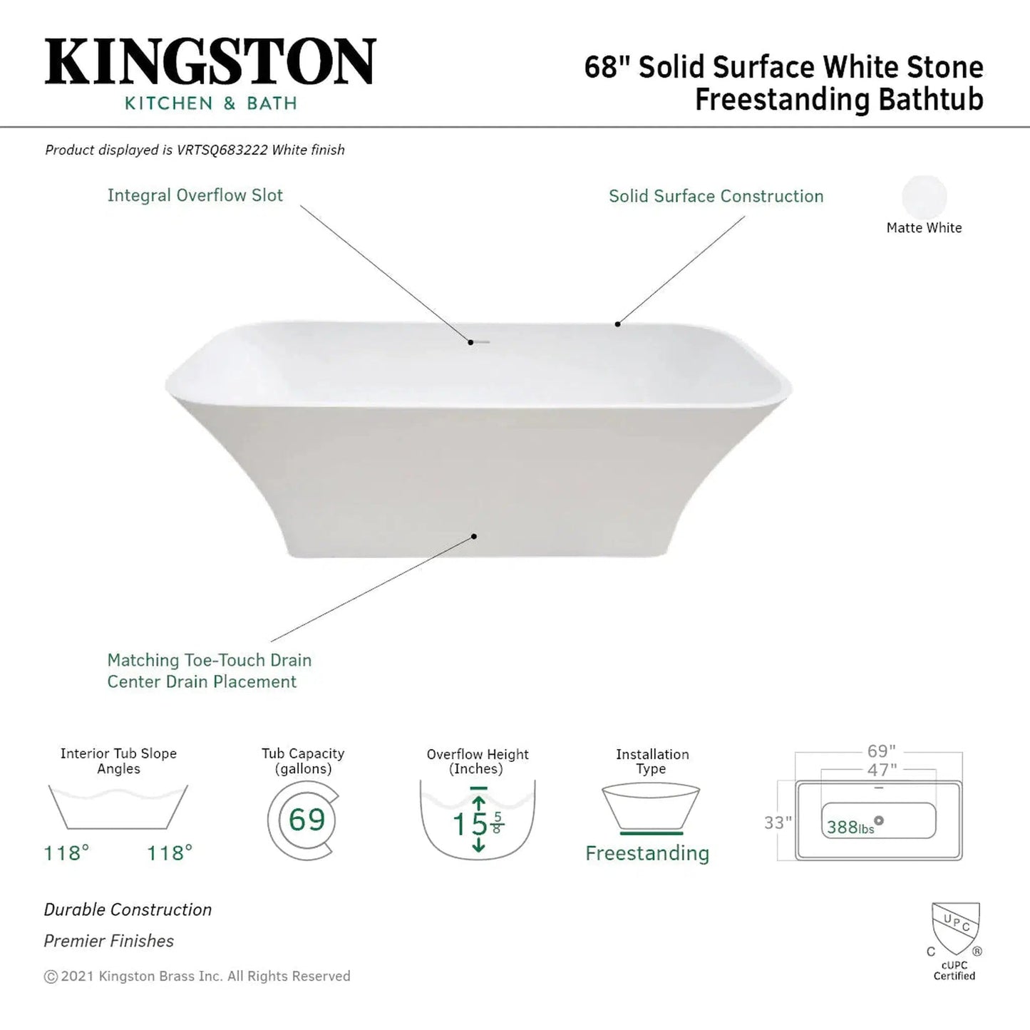 Kingston Brass Aqua Eden Arcticstone 69" x 33" Matte White Solid Surface Stone Freestanding Bathtub With Drain and Overflow