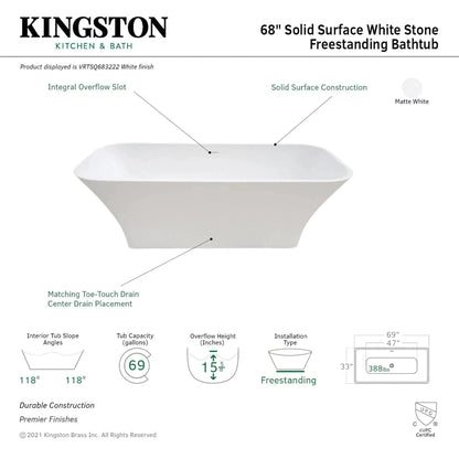 Kingston Brass Aqua Eden Arcticstone 69 x 33 Matte White Solid Surface  Stone Freestanding Bathtub With Drain and Overflow