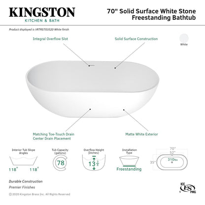 Kingston Brass Aqua Eden Arcticstone 70" x 35" Matte White Solid Surface Stone Freestanding Bathtub With Drain And Overflow