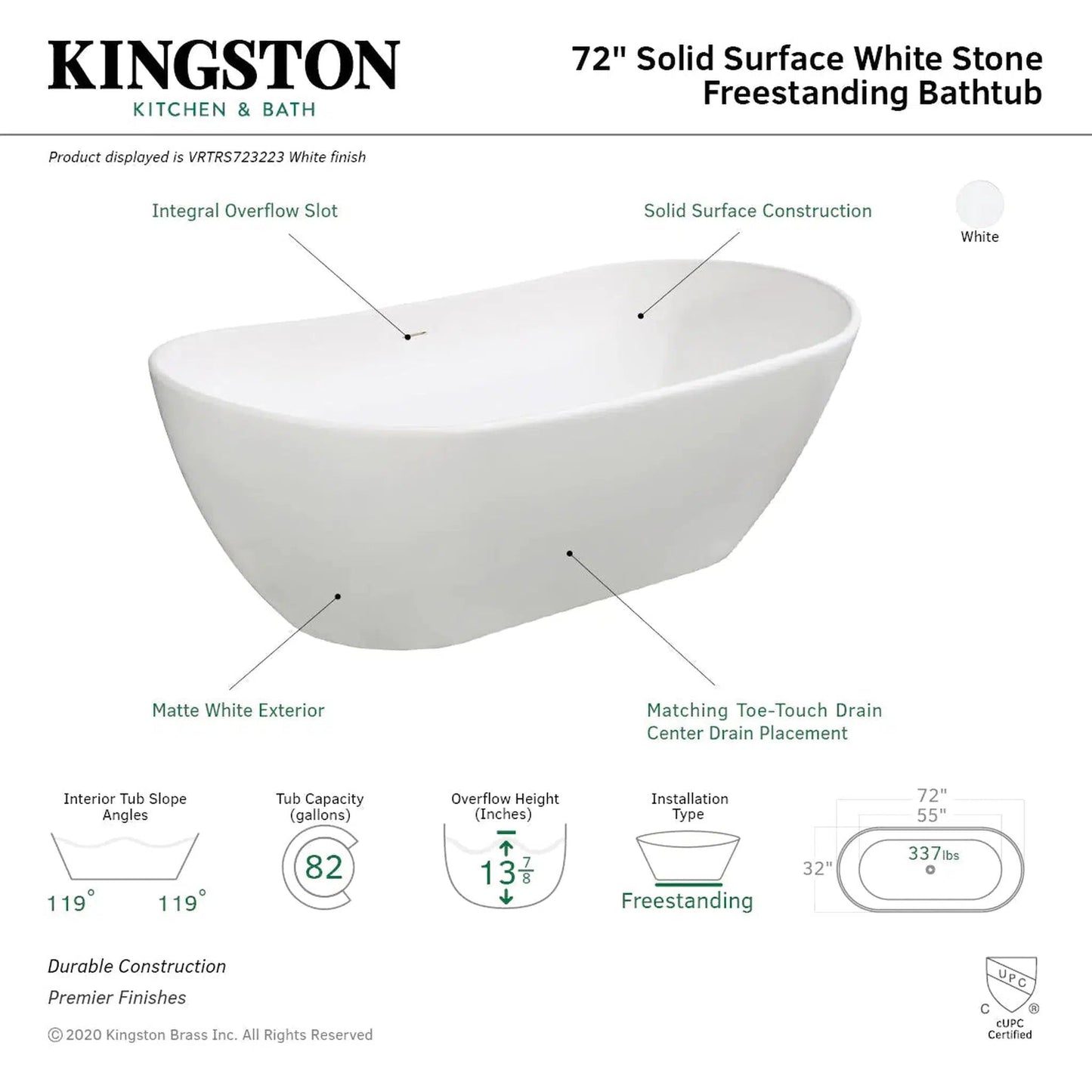 Kingston Brass Aqua Eden Arcticstone 71" x 32" Matte White Solid Surface Stone Freestanding Bathtub With Drain and Overflow