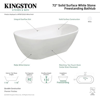 Kingston Brass Aqua Eden Arcticstone 71" x 32" Matte White Solid Surface Stone Freestanding Bathtub With Drain and Overflow