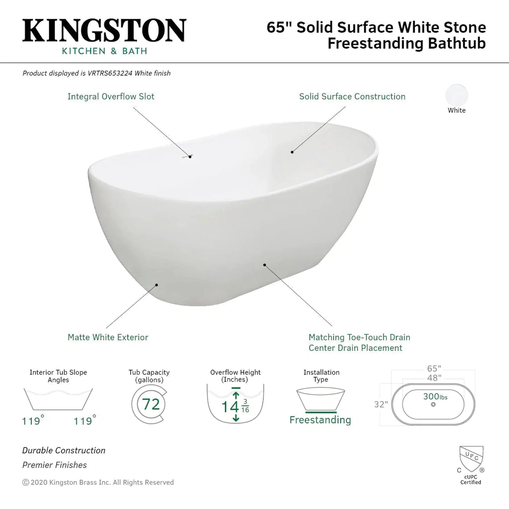 Kingston Brass Aqua Eden Arcticstone VRTRS653224 65" x 32" Matte White Solid Surface Stone Freestanding Bathtub With Drain and Overflow