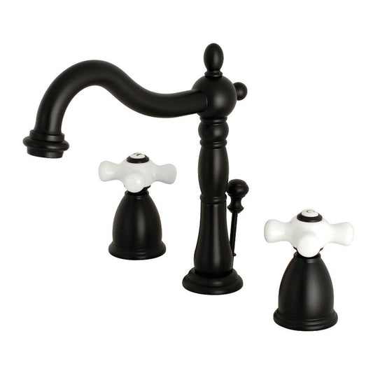 Kingston Brass KB1970PX Heritage Widespread Bathroom Faucet with Brass Pop-Up, Matte Black