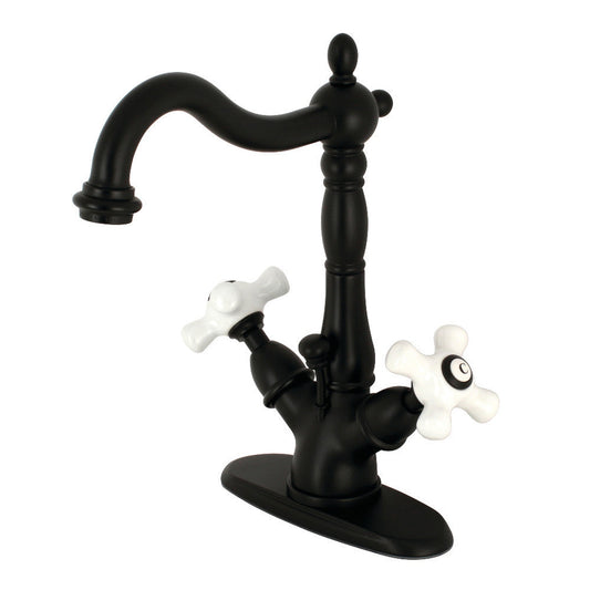 Kingston Brass KS1430PX Heritage Two-Handle Bathroom Faucet with Brass Pop-Up and Cover Plate, Matte Black