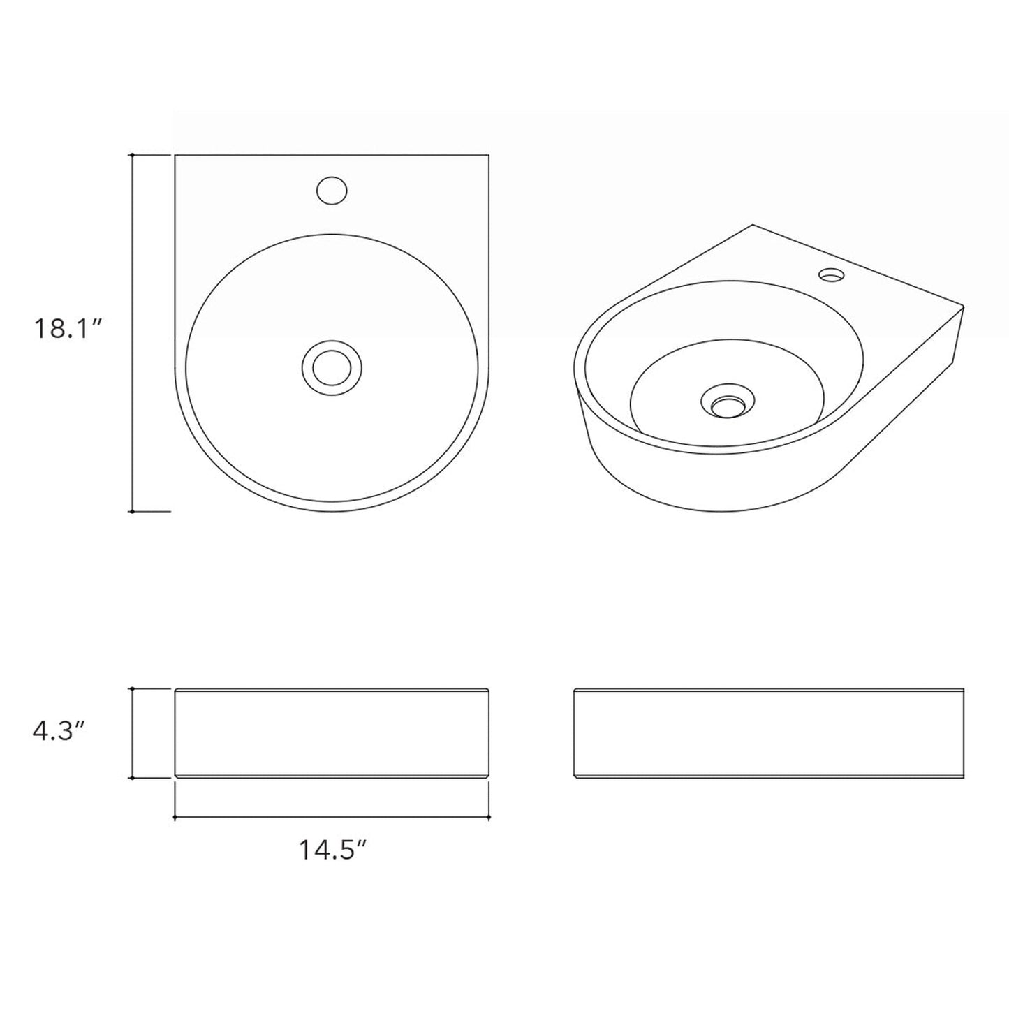 Konkretus Bahia01 15" Coal Black Wall-Mounted Round Vessel Concrete Bathroom Sink