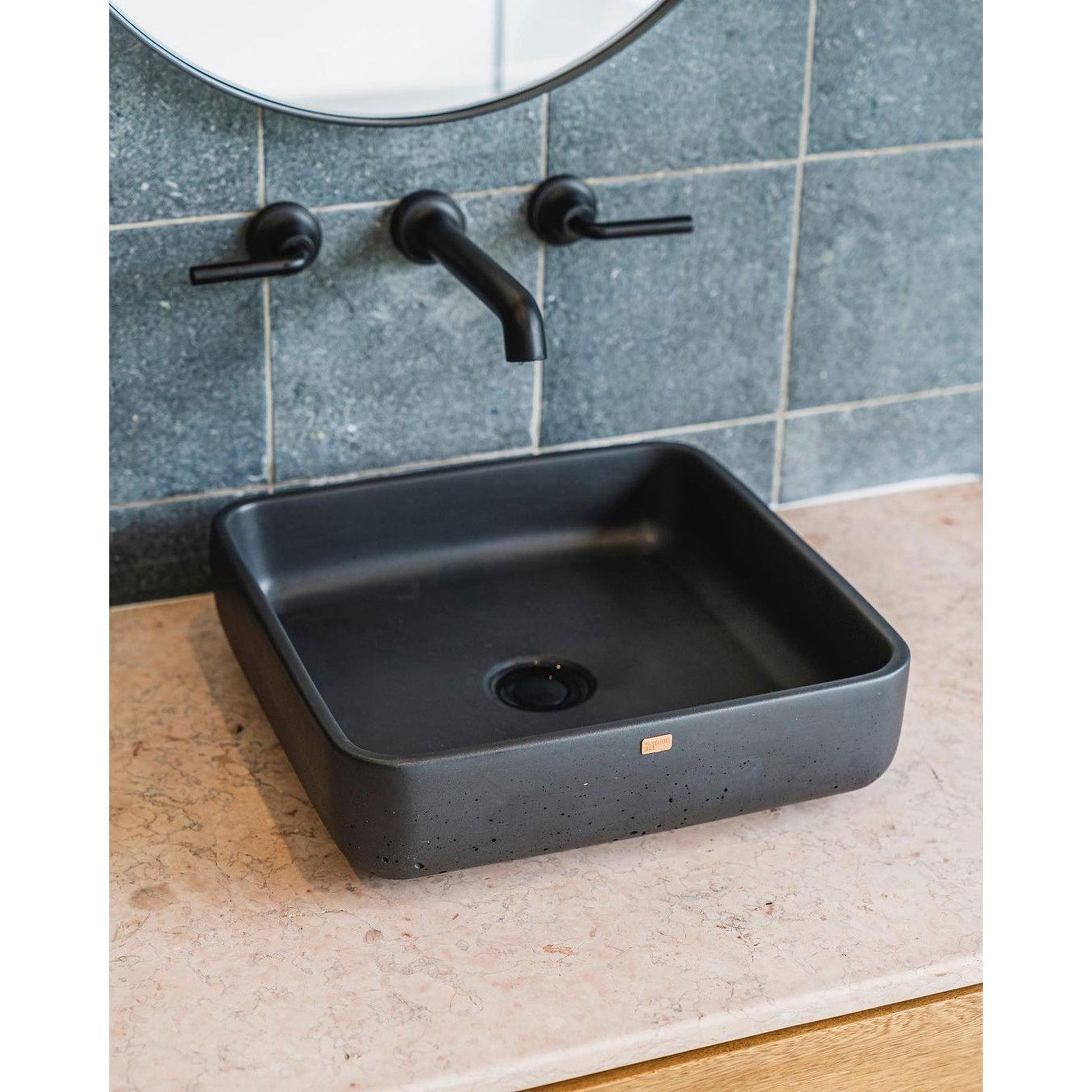Konkretus Fladd03 15" Coal Black Top Mount Square Vessel Concrete Bathroom Sink
