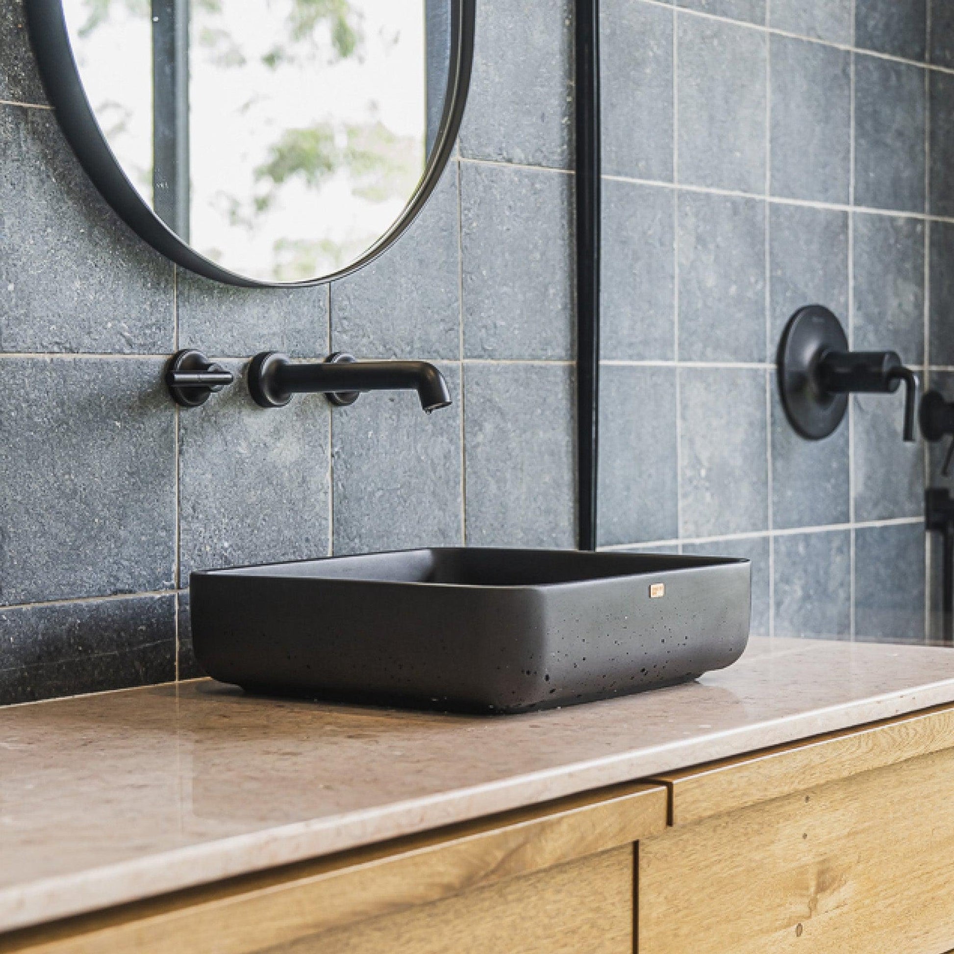 Konkretus Fladd03 15" Coal Black Top Mount Square Vessel Concrete Bathroom Sink