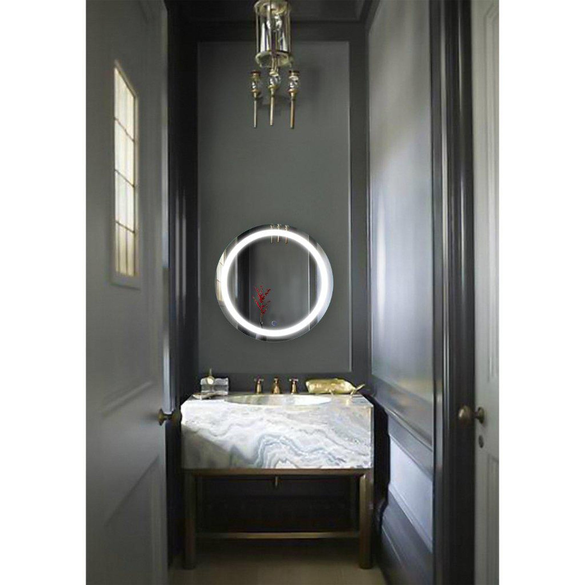 Krugg Reflections Icon 24" x 24" 5000K Round Wall-Mounted Illuminated Silver Backed LED Mirror With Built-in Defogger and Touch Sensor On/Off Built-in Dimmer