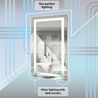 Krugg Reflections Icon 24" x 30" 5000K Rectangular Wall-Mounted Illuminated Silver Backed LED Mirror With Built-in Defogger and Touch Sensor On/Off Built-in Dimmer