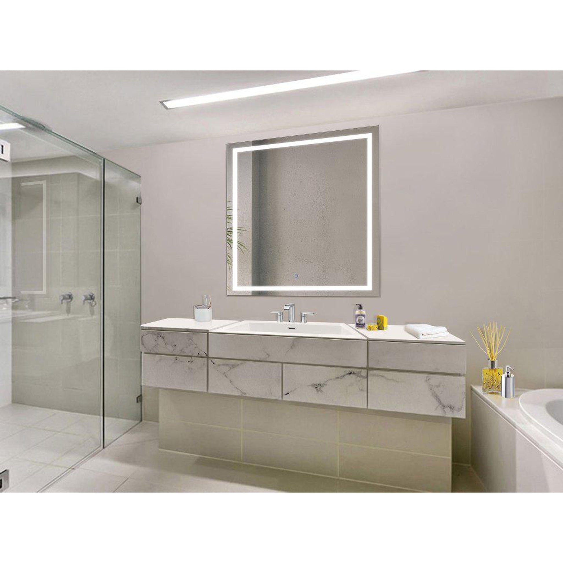 Krugg Reflections Icon 42” x 42” 5000K Square Wall-Mounted Illuminated Silver Backed LED Mirror With Built-in Defogger and Touch Sensor On/Off Built-in Dimmer